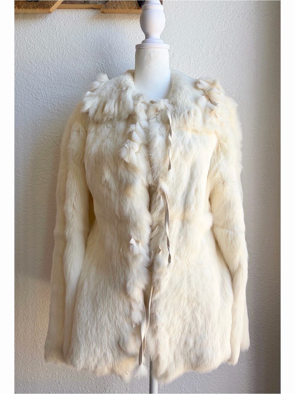 Tie Front Fringe Collar Cream Rabbit Fur Coat